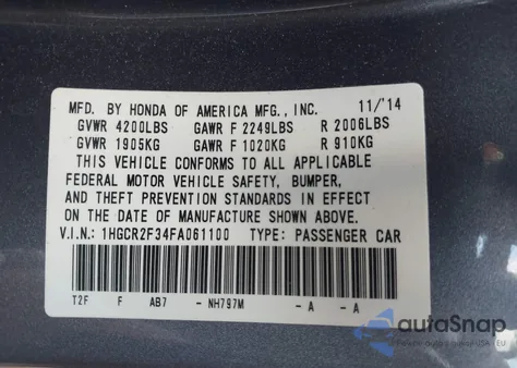 2015 Honda Accord Lx из США, поврежденный, VIN 1HGCR2F34FA061100